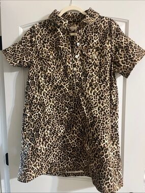 LOFT Leopard Print Short Sleeve Shirt Dress in Tan and Black